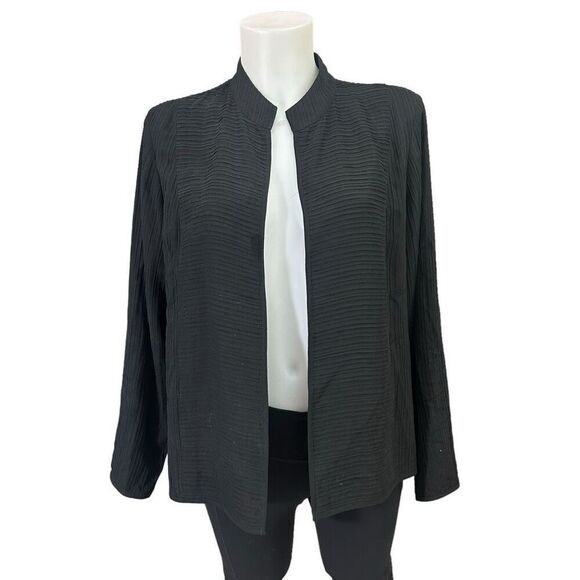 Eileen Fisher Black Pleated Silk Open Front Cardigan Lightweight w/ Pockets sz M - Picture 5 of 10
